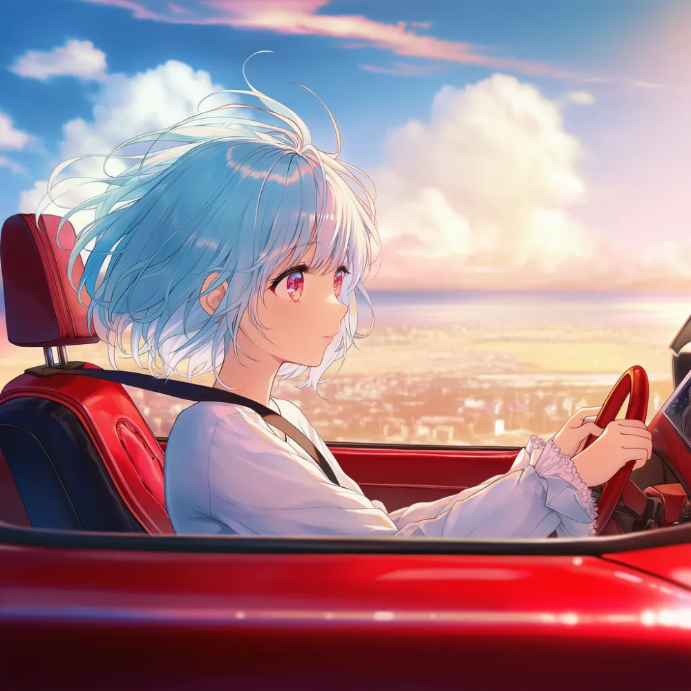 運転するキャラクターを横からのアングルで描写するプロンプトとAIイラスト作例