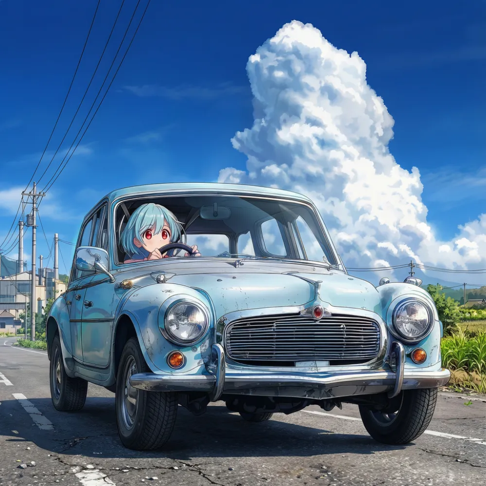 フロントガラス越しに運転するキャラクターを描写するプロンプトとAIイラスト作例