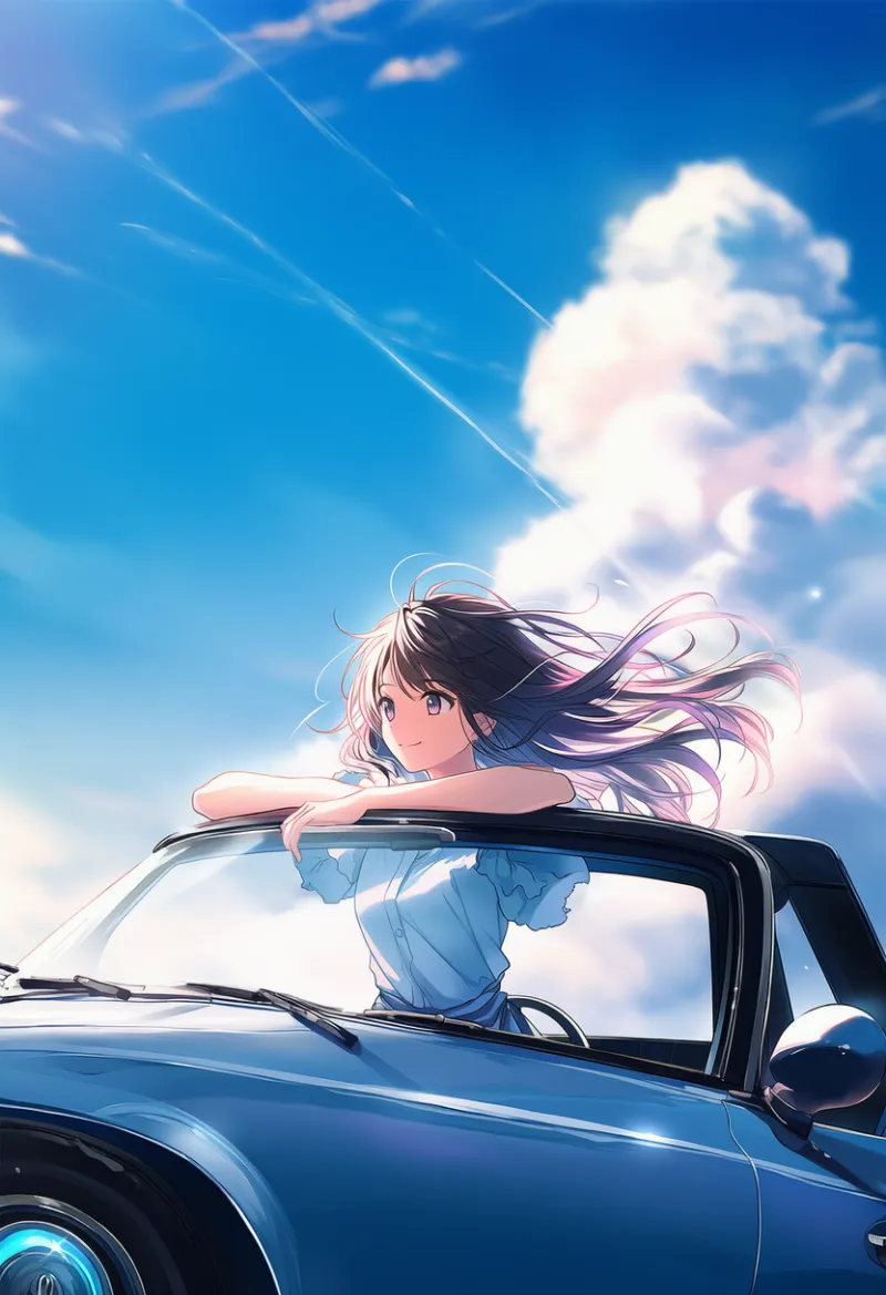 車の窓から身を乗り出すポーズを再現するプロンプトとAIイラスト作例-2