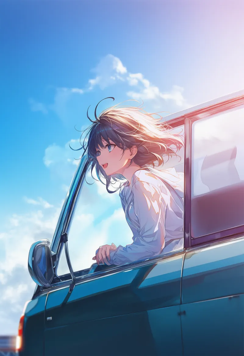 車の窓から身を乗り出すポーズを再現するプロンプトとAIイラスト作例-1