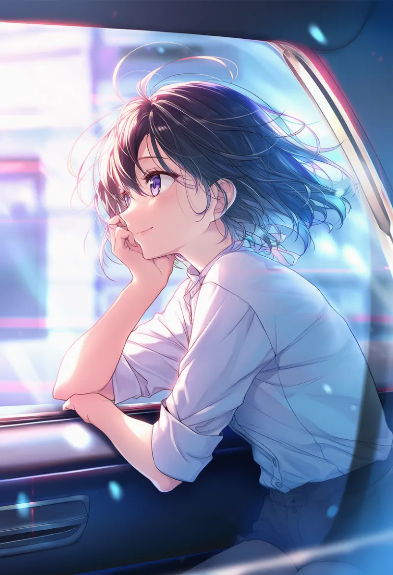 車の窓から身を乗り出すポーズを再現するプロンプトとAIイラスト作例-3