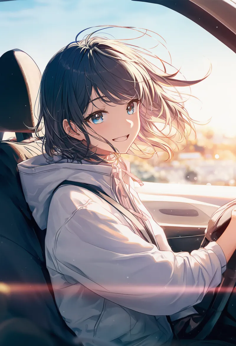 車を運転するプロンプト（車内シーン）とAIイラスト作例
