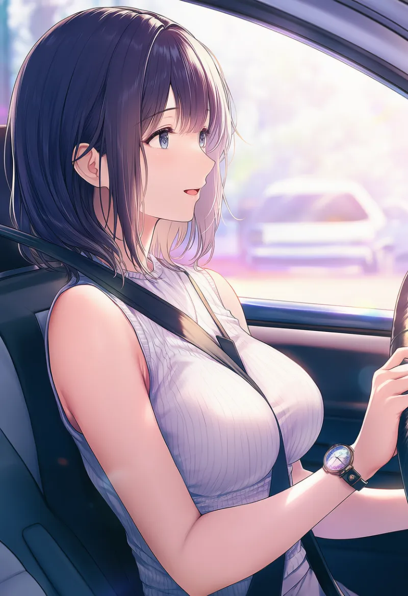 車を運転するキャラの胸元に視線を集めるプロンプトとAIイラスト作例