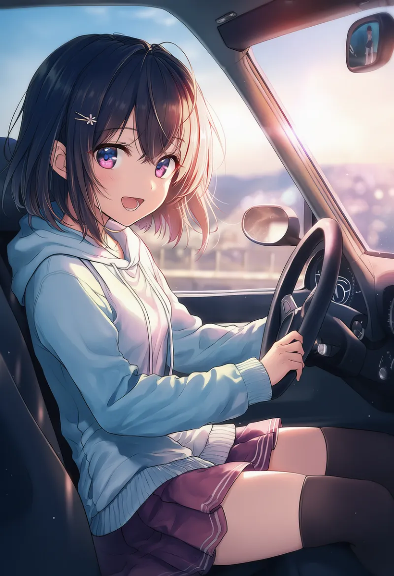 車の運転中に絶対領域をアピールするプロンプトとAIイラスト作例