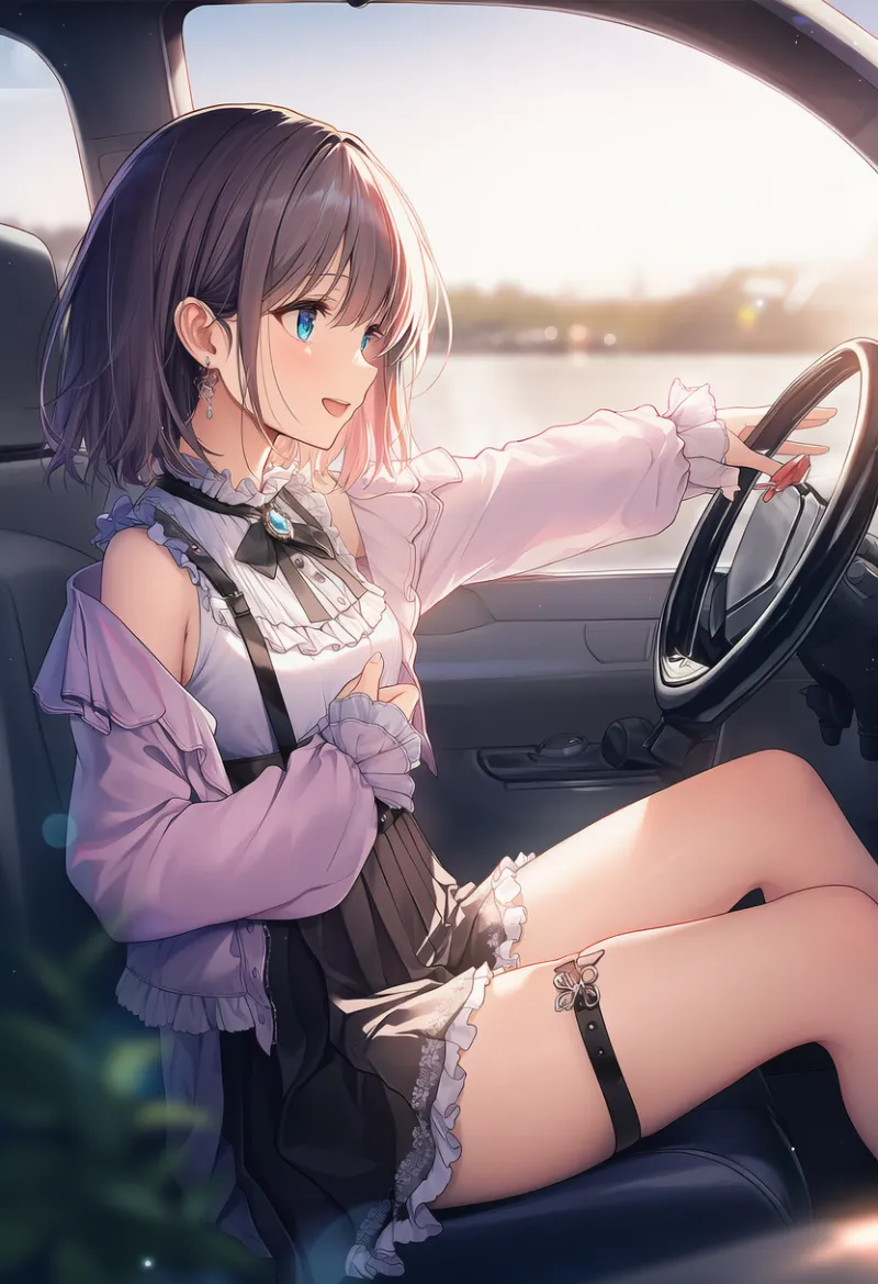 車の運転中に太もものストラップをアピールするプロンプトとAIイラスト作例