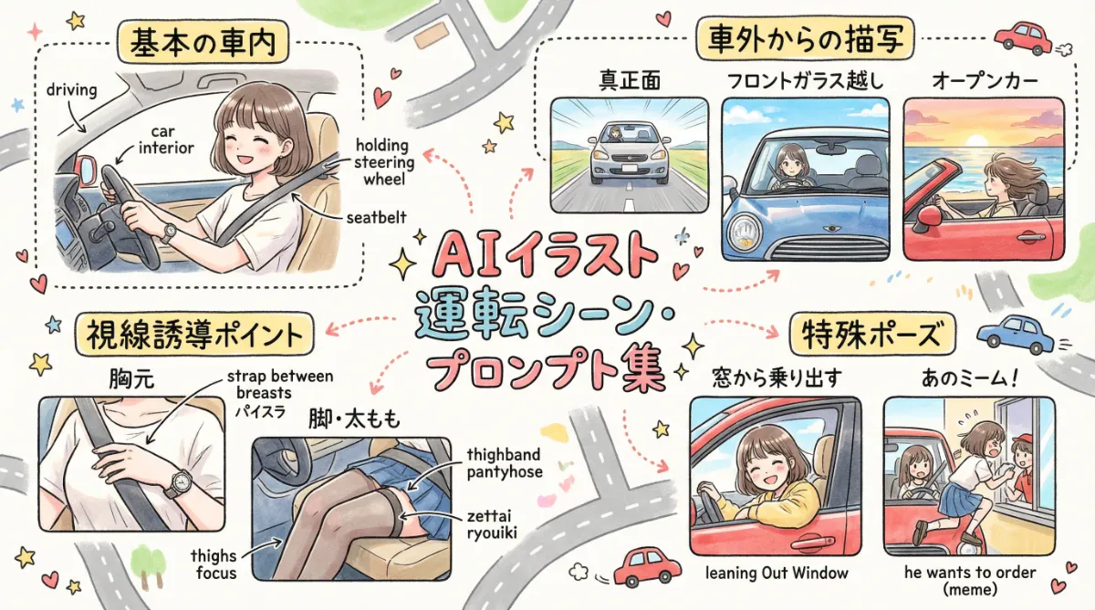 車を運転するシーンのプロンプト集（車内から車外まで）の記事のまとめの図解イラスト