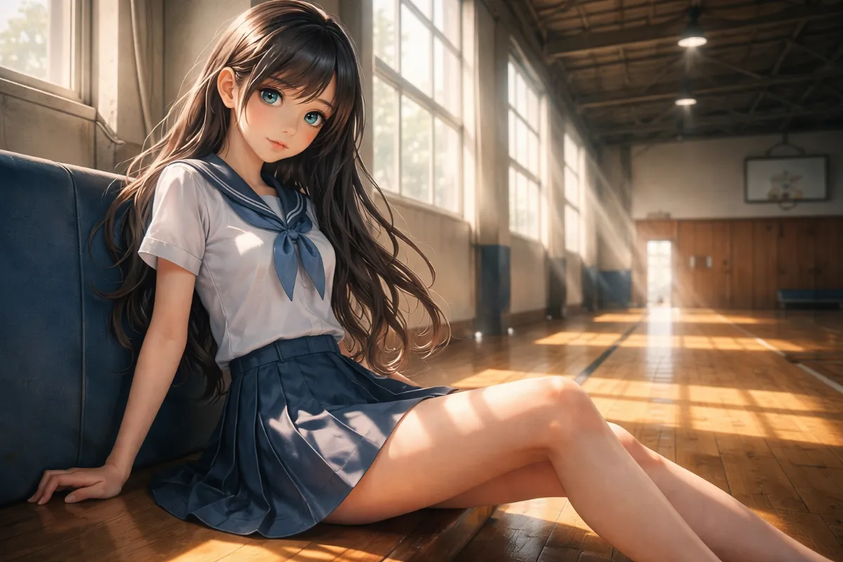 GPT Image 1.5で生成した美少女AIイラスト｜学校の体育館に座る制服の美女