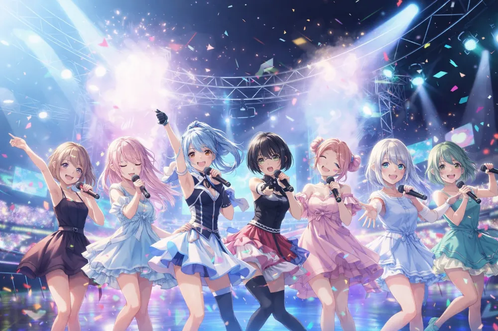 GPT Image 1.5で作成した背景に大人数キャラクターを合成したAIイラスト（ライブステージ）