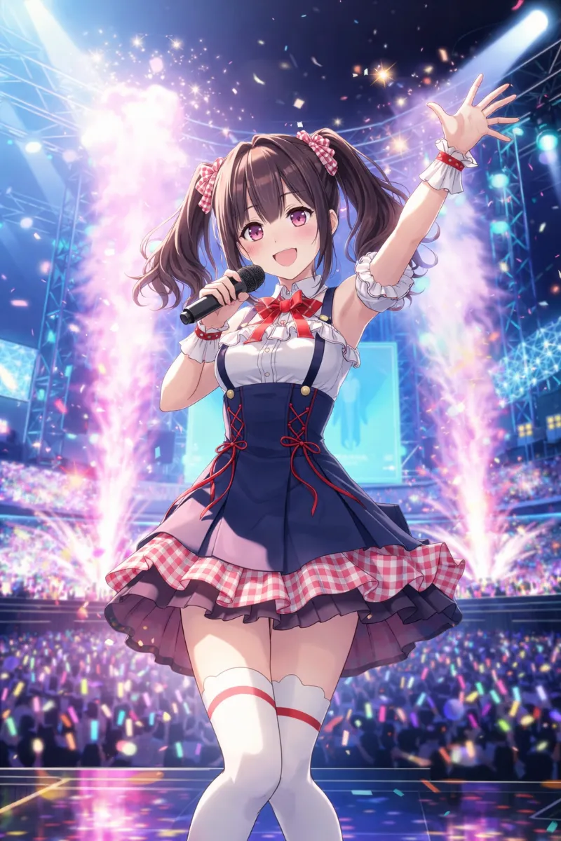 GPT Image 1.5で作成した背景にアイドルキャラクターを合成したAIイラスト（ライブステージ）