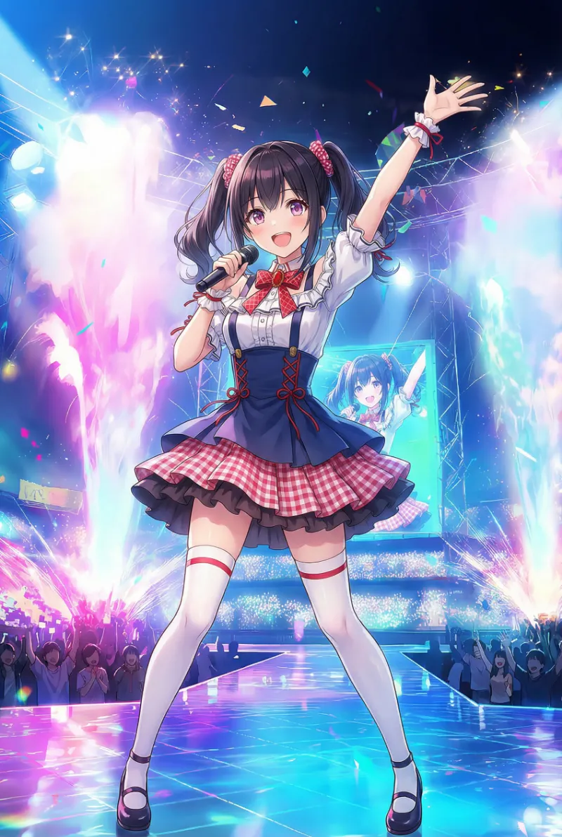 Nano Banana Proで作成した背景にアイドルキャラクターを合成したAIイラスト（ライブステージ）