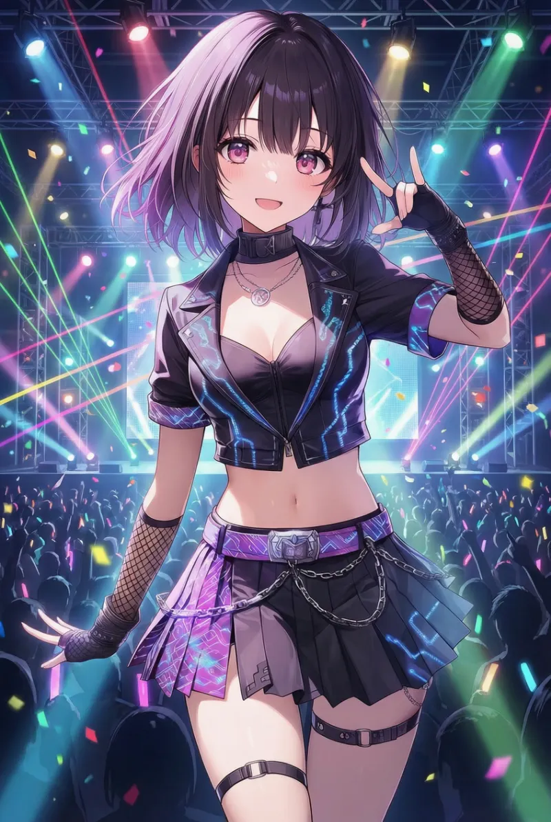 クール系アイドル衣装（黒×紫/青）のプロンプト｜AIイラスト