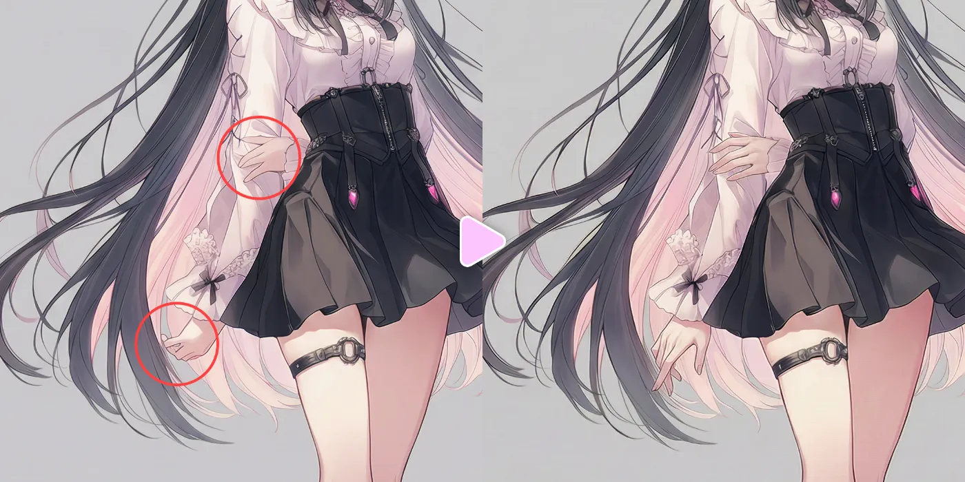 Nano Banana Proを駆使してAIイラストの不自然な指を修正した作例(Before/After)