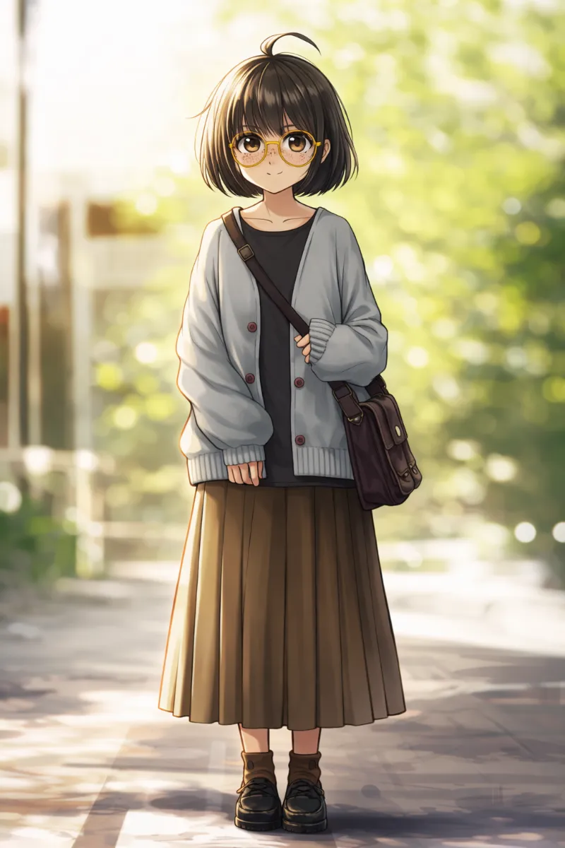 グレーセーター×黒トップス×ブラウンロングスカートの地味カジュアルコーデ｜地味な服のプロンプト