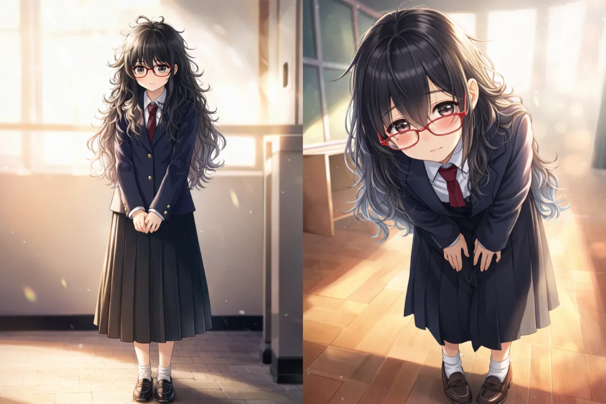 ネイビーブレザー×黒ロングスカートの地味女子校制服コーデ｜地味な服のプロンプト