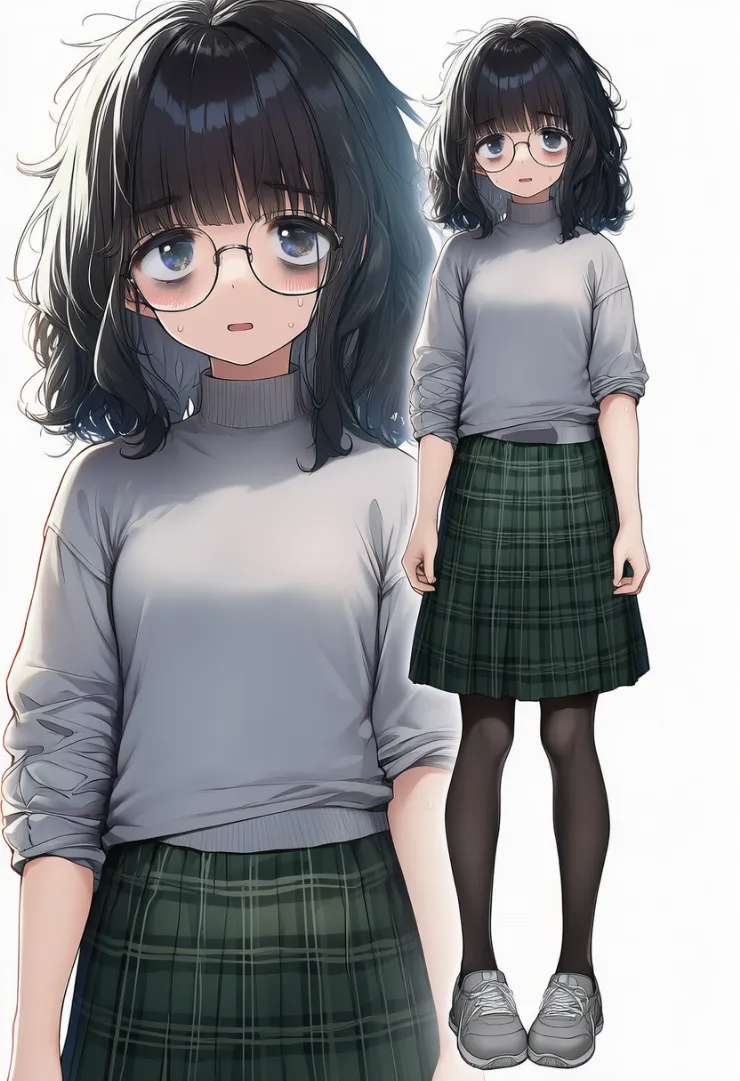 グレータートル×グリーンチェック柄スカートの地味レイヤードコーデ｜地味な服のプロンプト