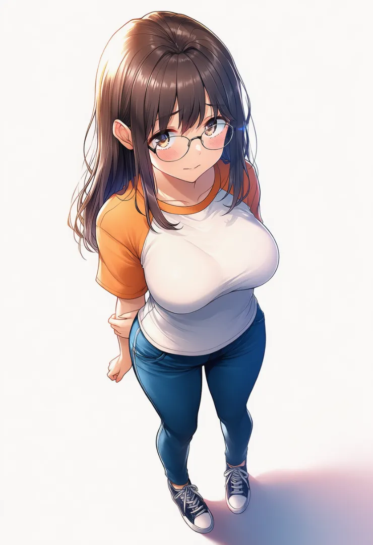 オレンジラグラントップス×パンツの地味デイリーコーデ｜地味な服のプロンプト