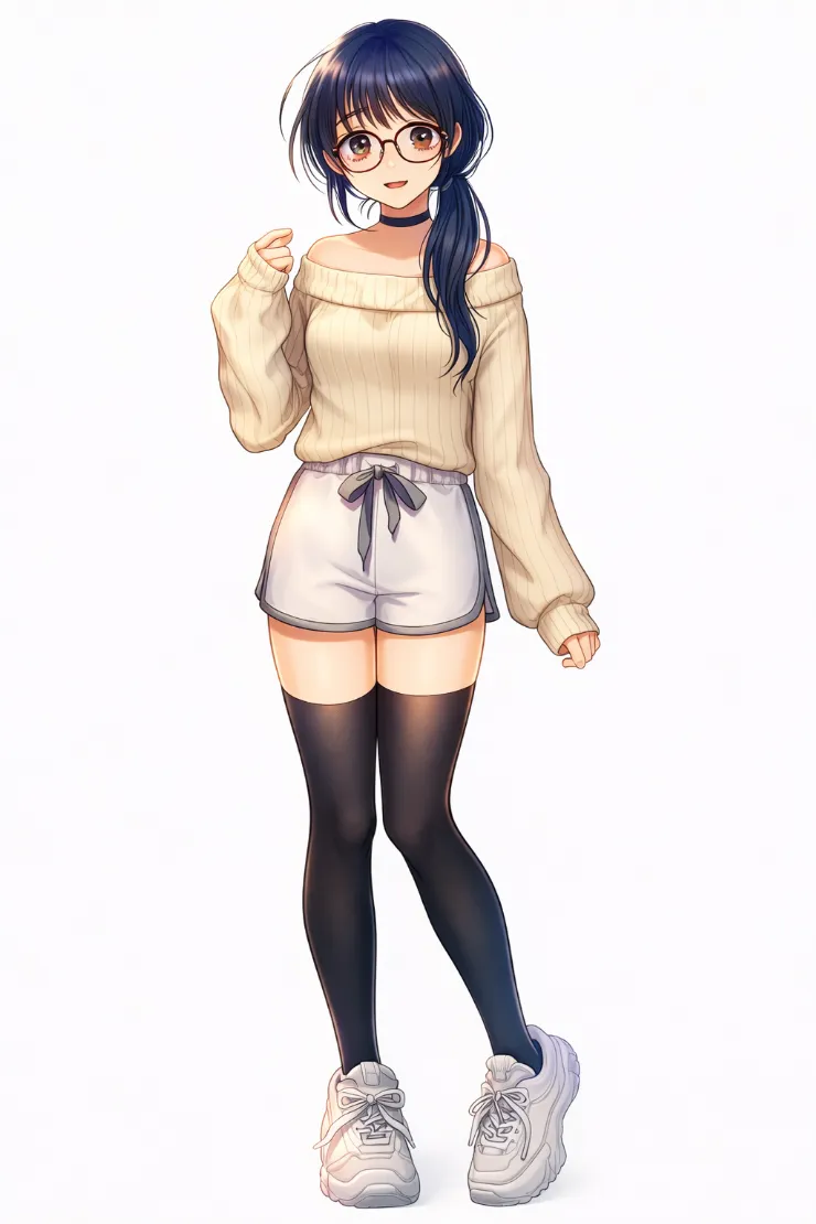 ベージュオフショルニット×サイハイの地味肌見せコーデ｜地味な服のプロンプト