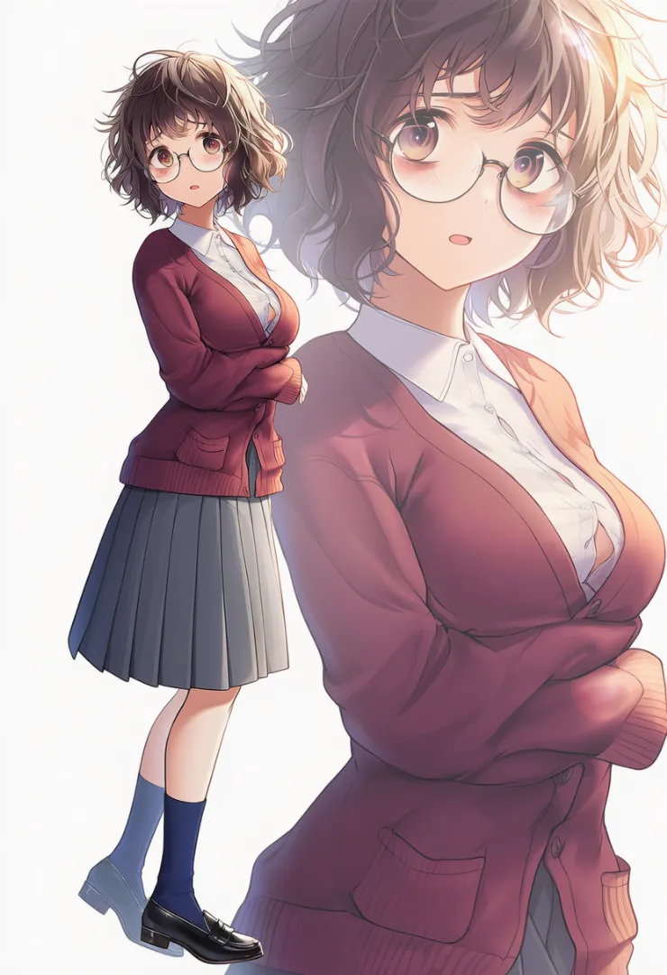 白シャツ×赤カーディガンの地味レイヤード制服風コーデ｜地味な服のプロンプト