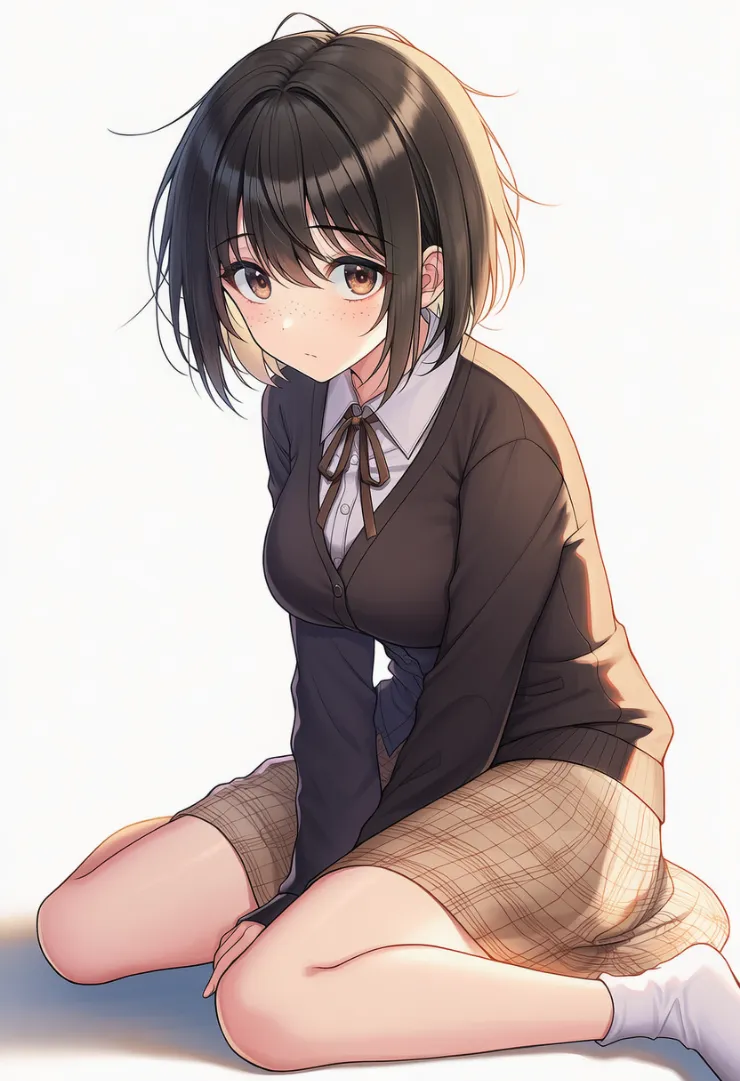 ブラウンカーディガン×チェックミニスカートの地味女子校制服コーデ｜地味な服のプロンプト