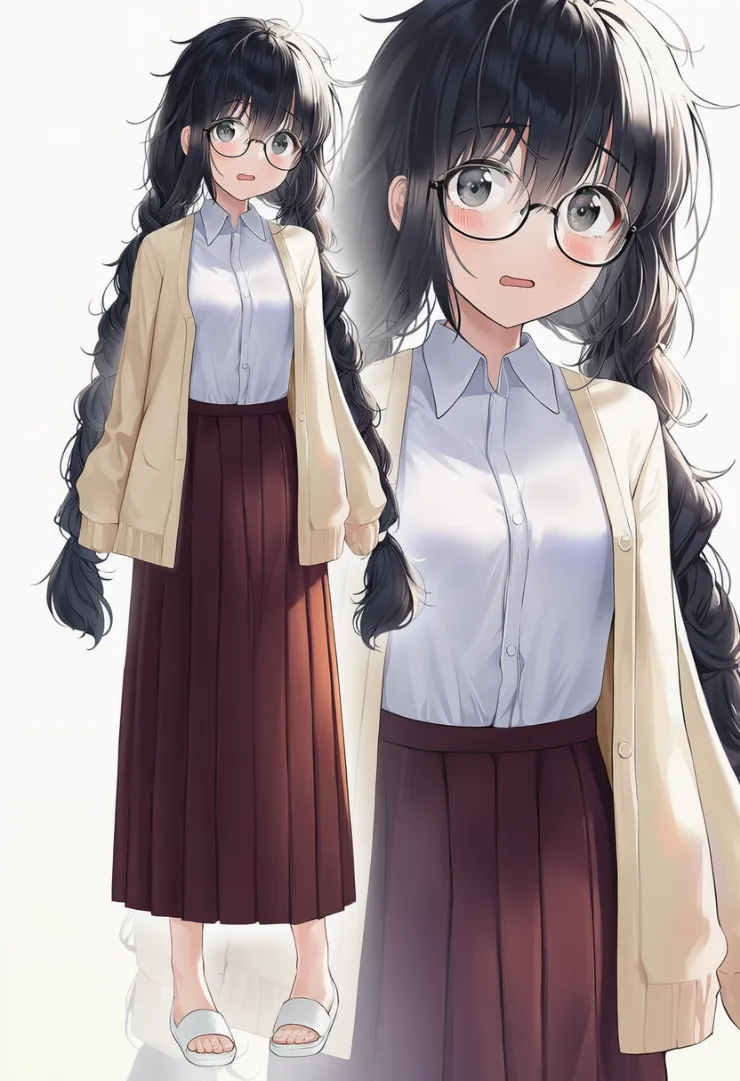 クリームカーディガン×赤みロングスカートの地味リラックスコーデ｜地味な服のプロンプト