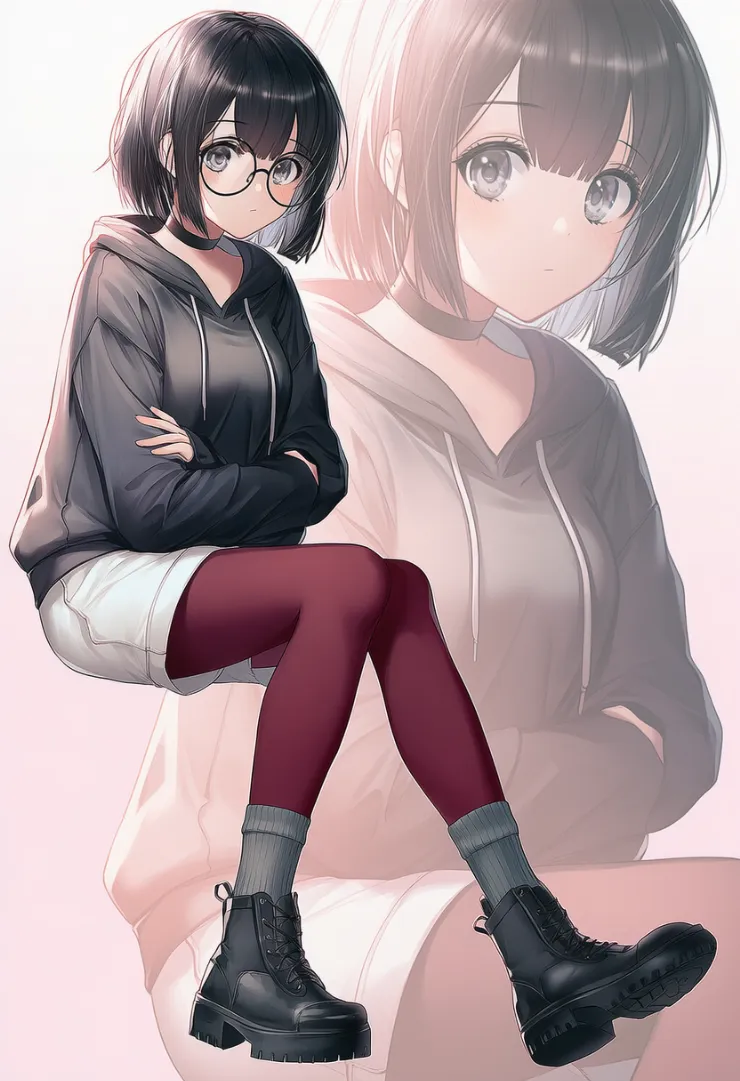 ダークグレーパーカー×タイツ重ね履きの地味モードカジュアルコーデ｜地味な服のプロンプト