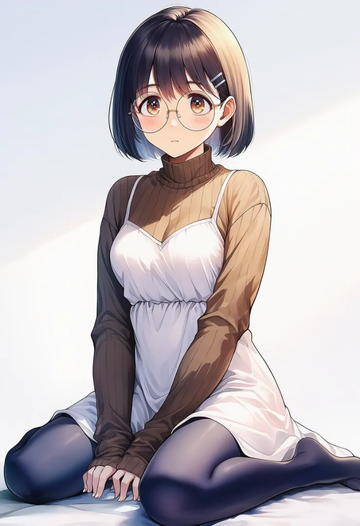 白サンドレス×ブラウンタートルの地味清楚コーデ｜地味な服のプロンプト