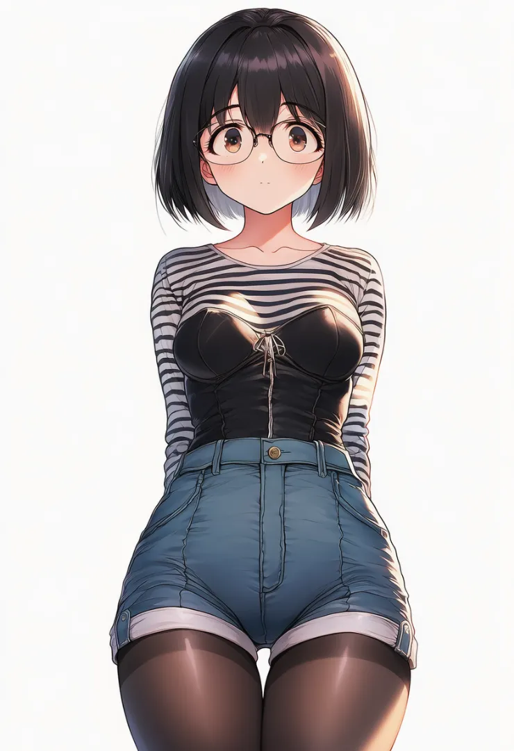 黒ビスチェ×デニムショーツの地味レイヤードコーデ｜地味な服のプロンプト