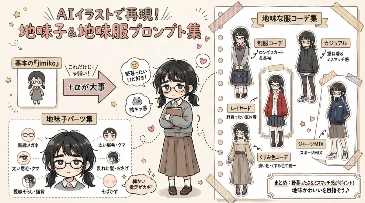 地味子と地味な服のプロンプト紹介の図解イラスト