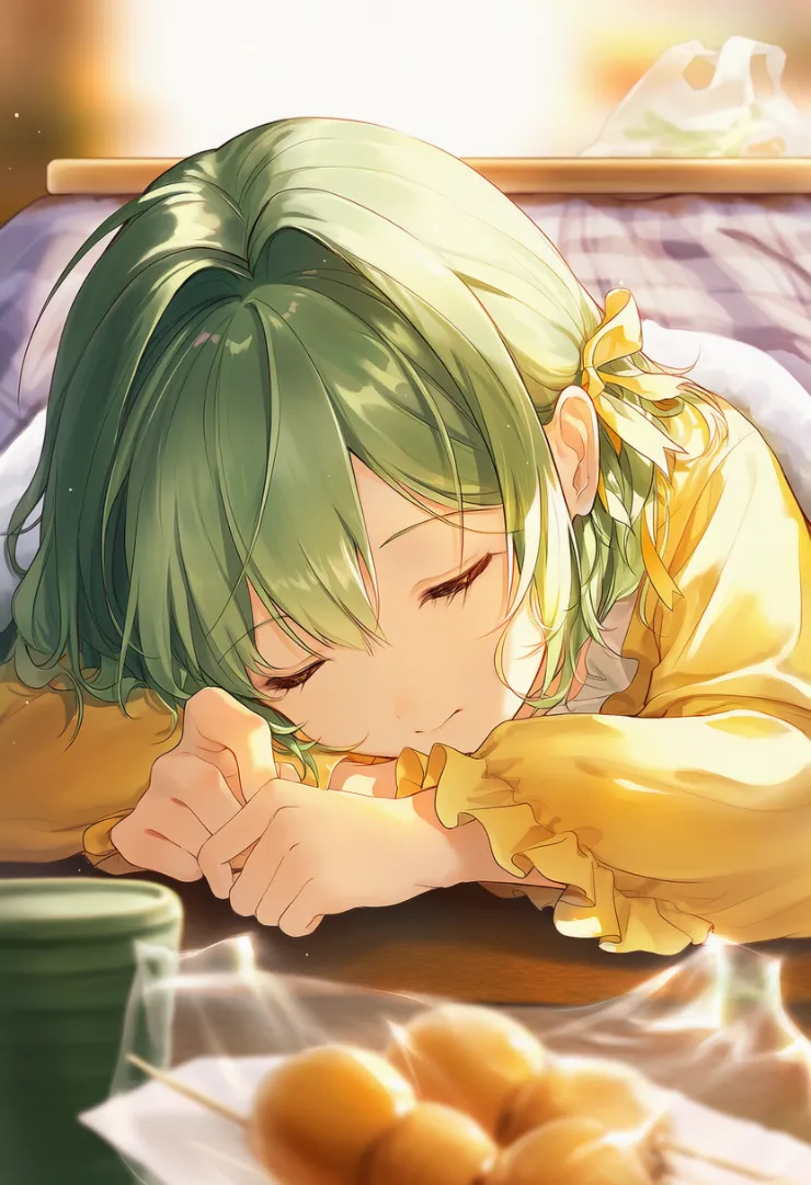 こたつのある和室でうたた寝するシーンのプロンプト｜NovelAI生成の作例