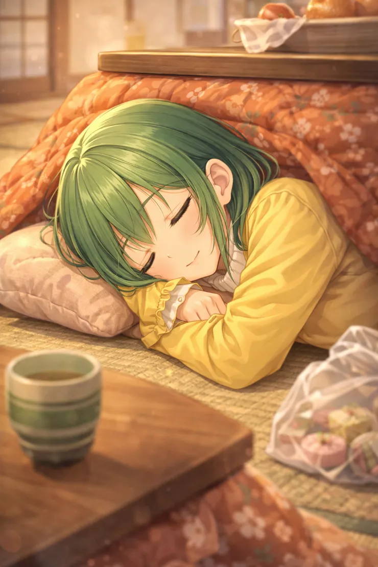 こたつのある和室でうたた寝するシーンのプロンプト｜GPT Image 1.5生成の作例