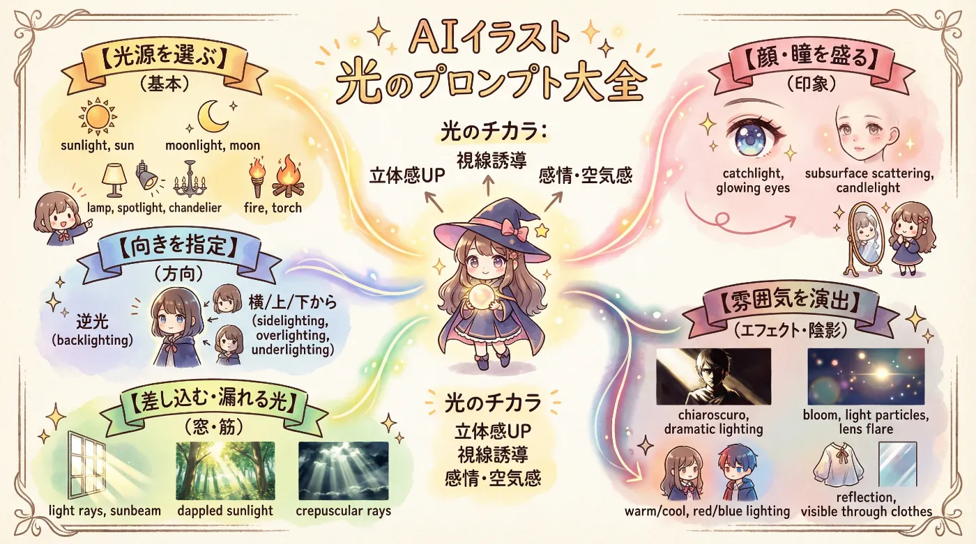 光のプロンプトガイドのための図解イラスト(光源・光の向き・差し込む光・顔や瞳に光を入れる・光のエフェクト等)