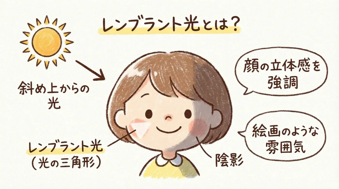 AIイラストで教えるレンブラント光の説明資料
