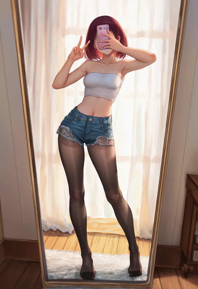 鏡越し自撮りのプロンプト紹介|AIイラスト(全身構図)