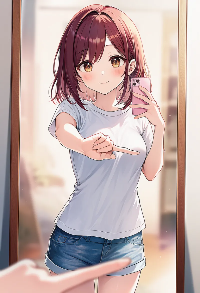 ワンフィンガー・セルフィーチャレンジのプロンプト紹介|AIイラスト作例(Tシャツとデニム姿)