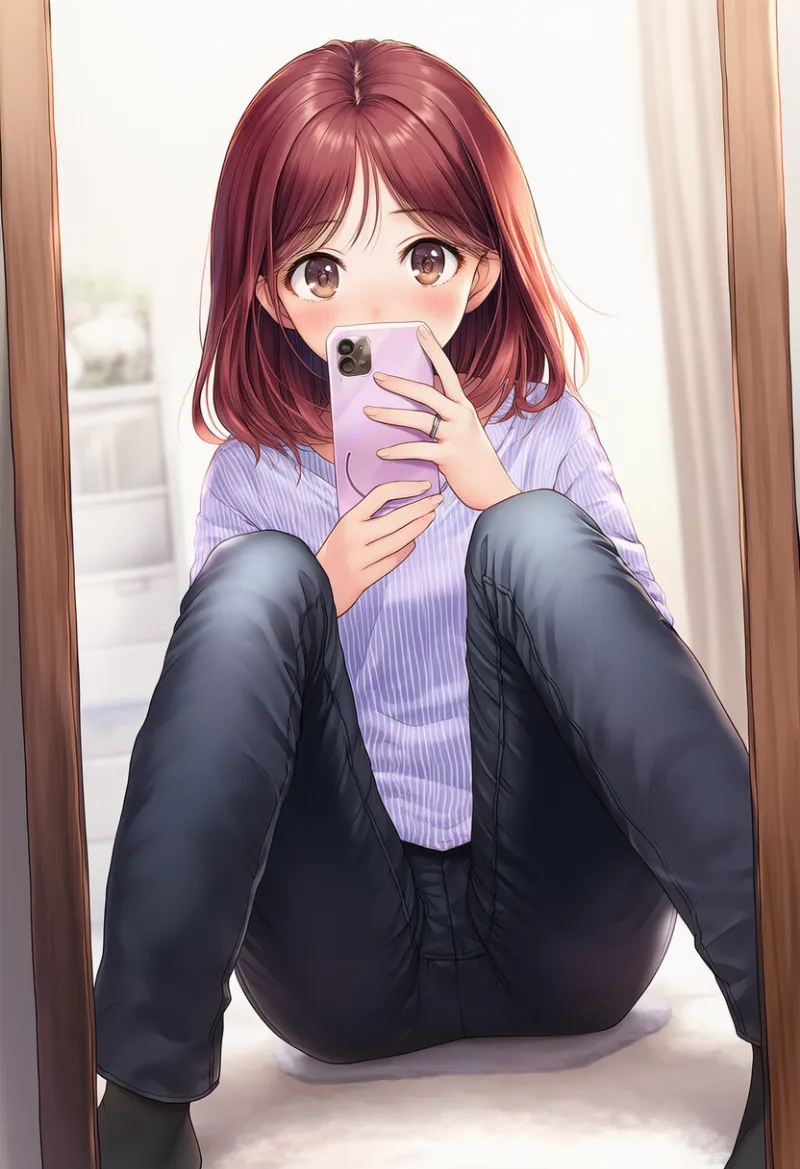 座った状態で鏡越し自撮りをするプロンプト紹介|AIイラスト作例