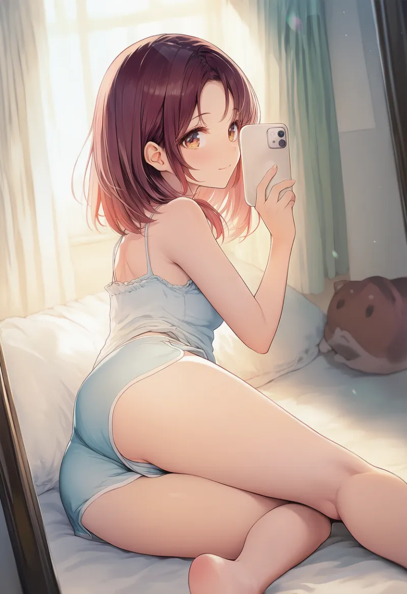 体をひねってお尻側を見せる鏡越し自撮りプロンプトの紹介|AIイラスト作例