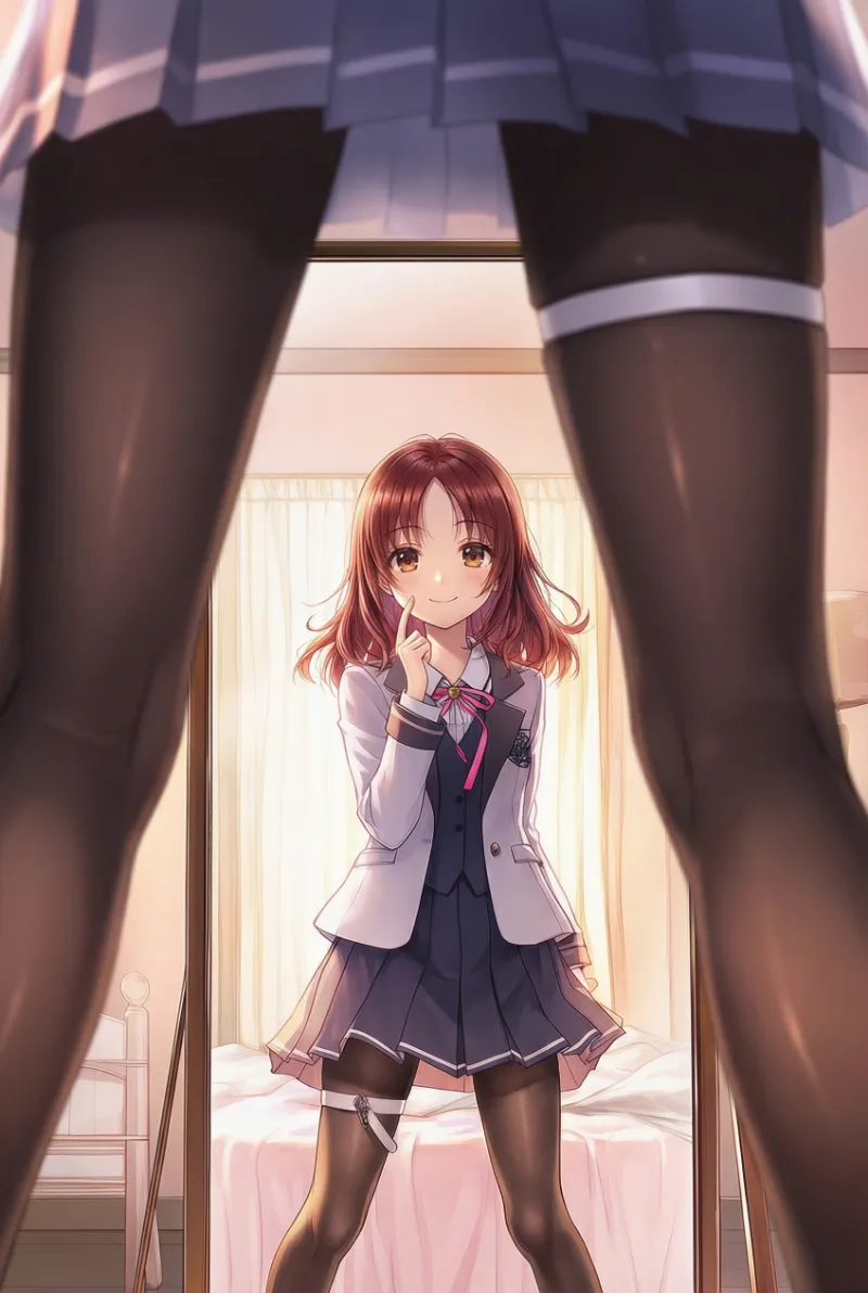 脚の間視点で鏡越しに映すプロンプト紹介|AIイラストの作例