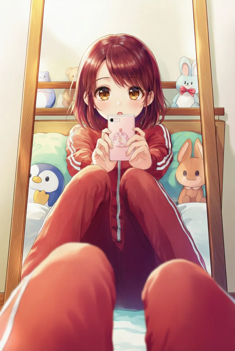 POV視点の脚が映り込む鏡越し自撮りプロンプトの紹介|AIイラスト作例