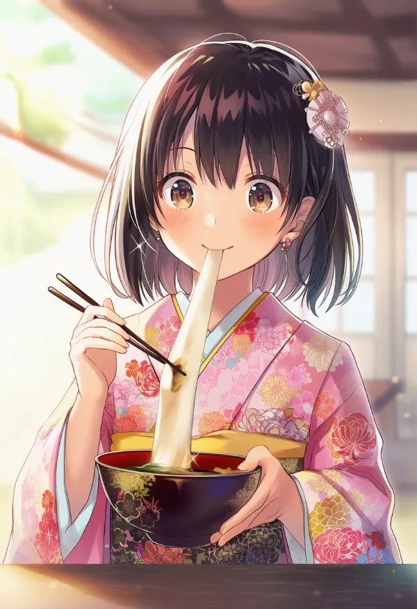 伸びる餅のプロンプトとAIイラストの作例