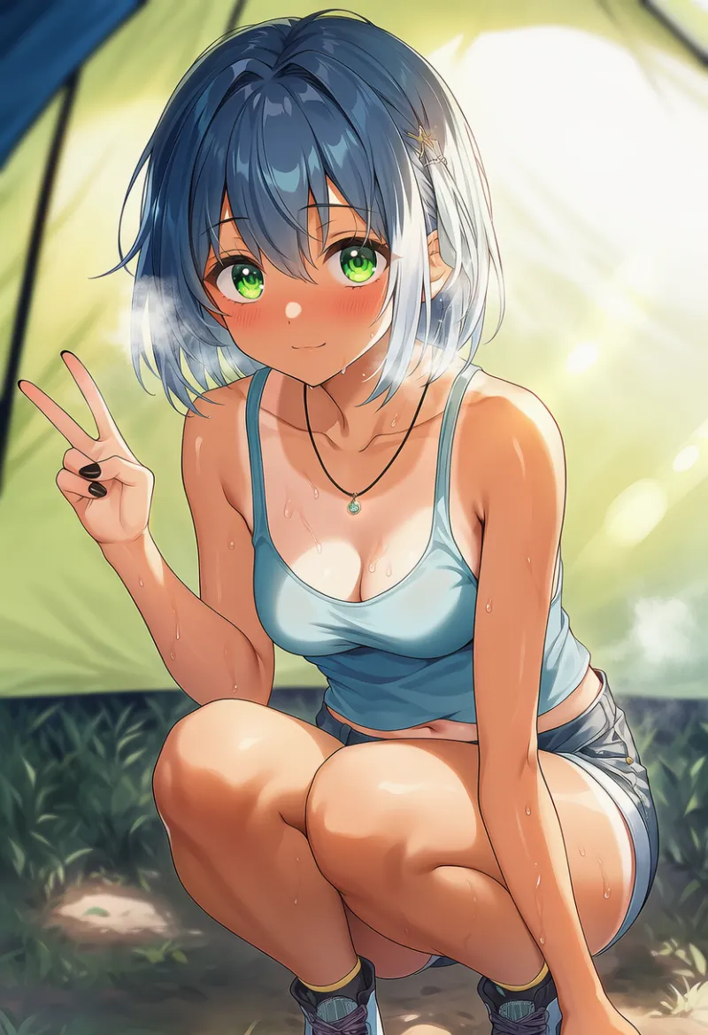 黒色ネイルのプロンプト例(タンクトップ×ショートパンツ)のAIイラスト