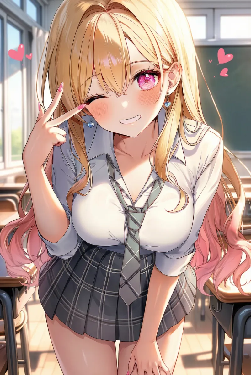 ピンクネイルのプロンプト例(ギャル系制服)のAIイラスト