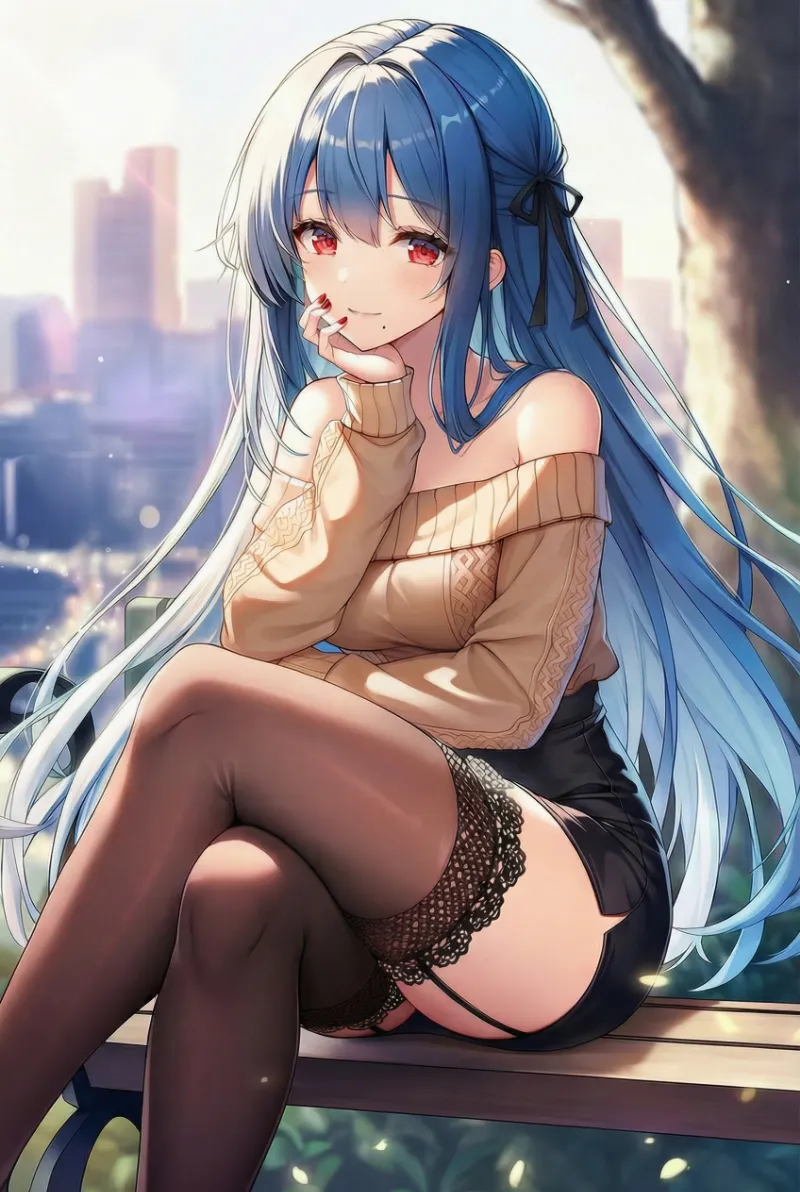 赤色ネイルのプロンプト例(オフショルダー×ミニスカ)のAIイラスト