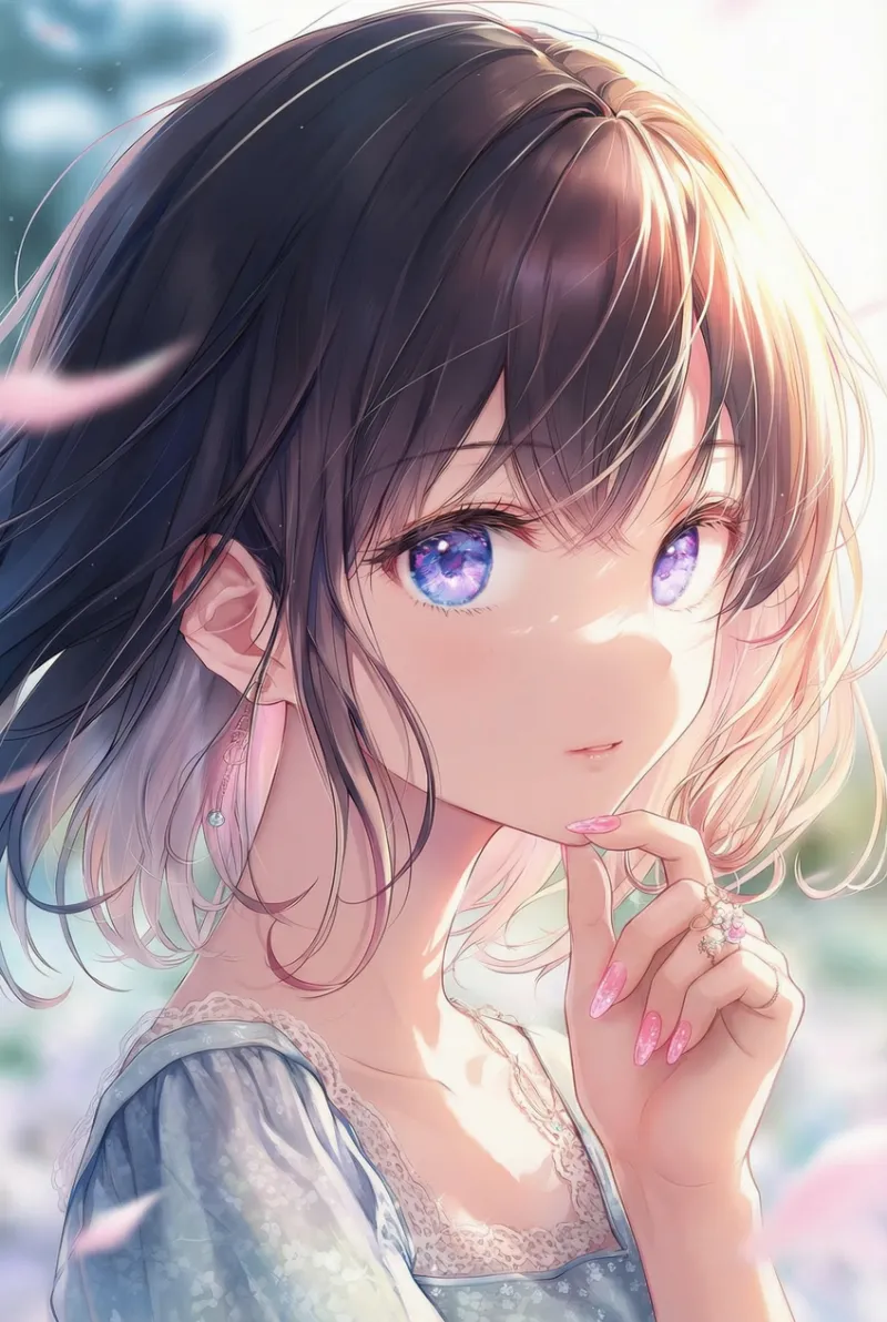 ピンクのネイル(宝飾付き)をした美少女AIイラストの作例