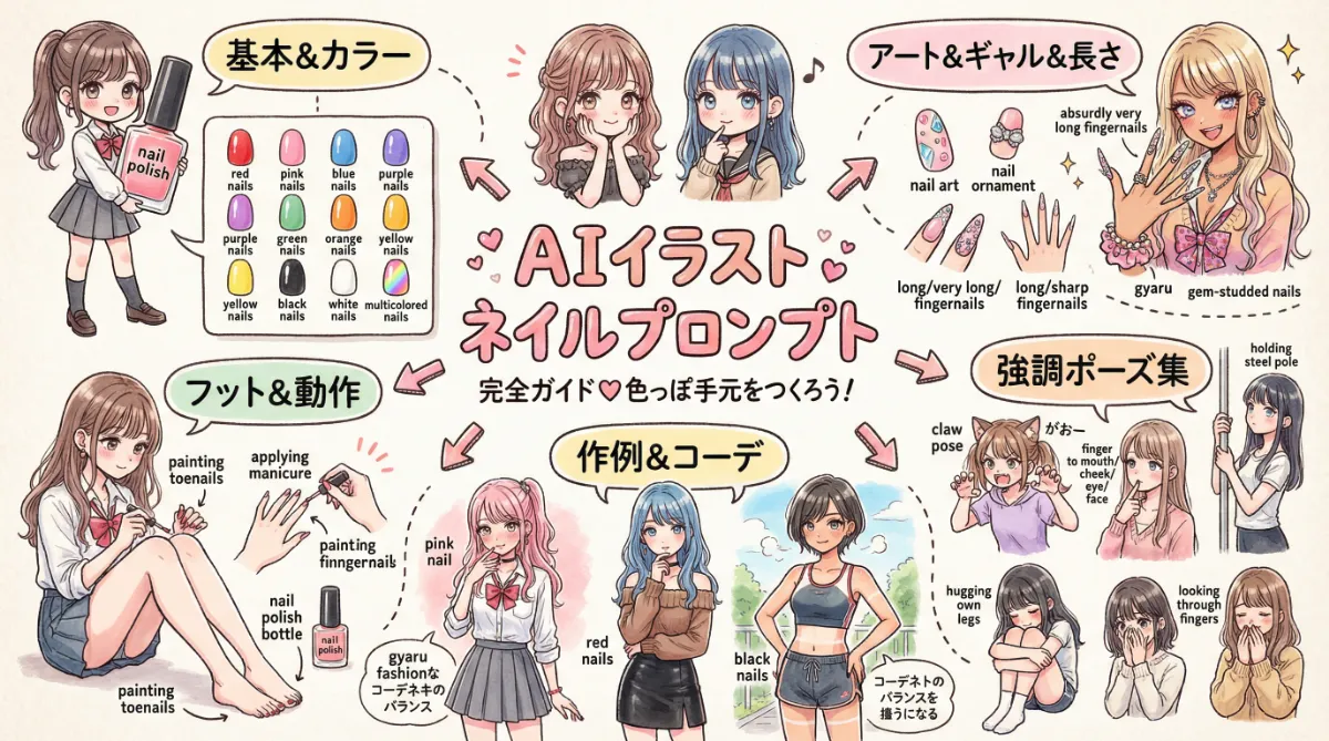 ネイルのプロンプト集とAIイラストで色気を足す指の描写の記事のまとめ用の図解イラスト