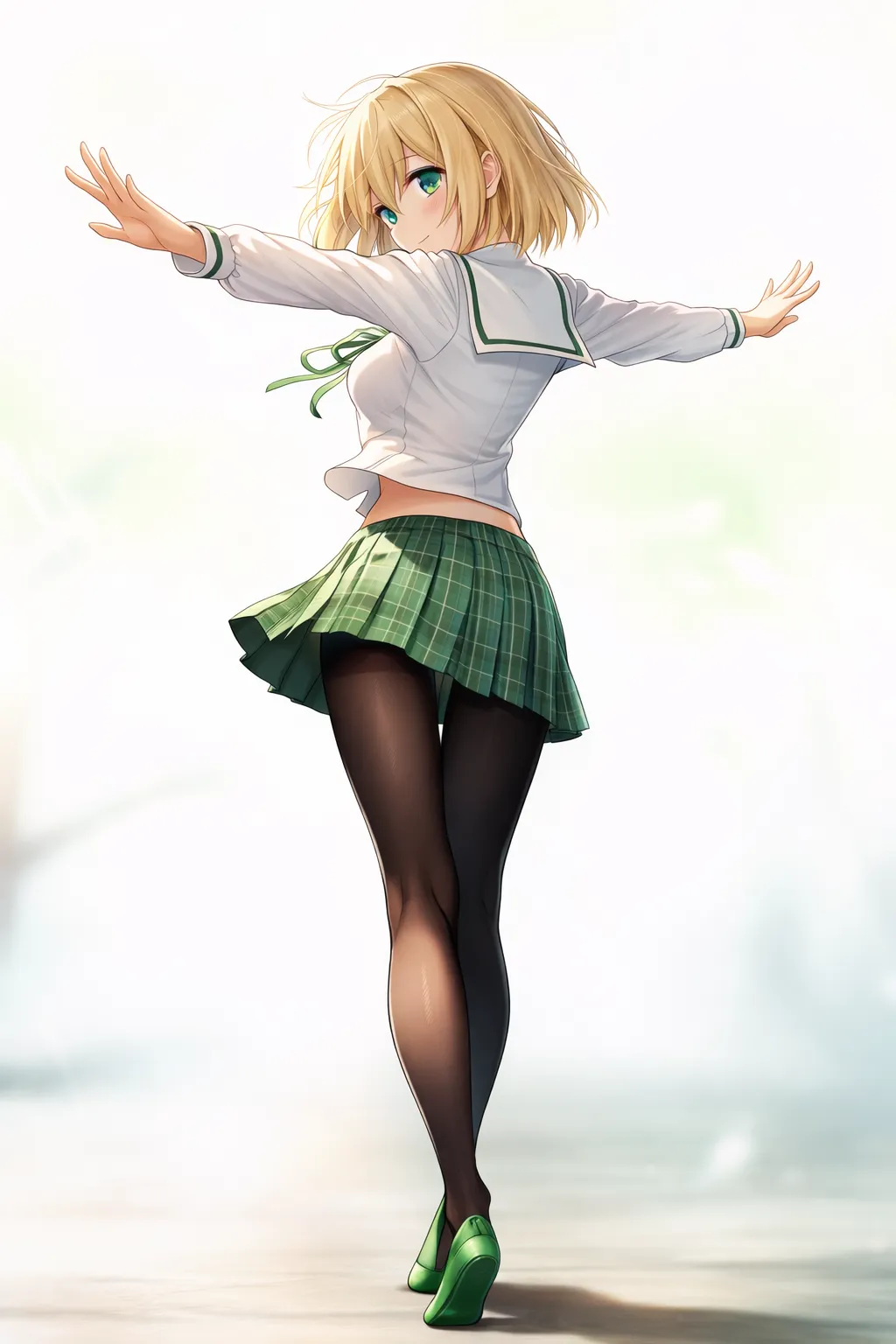 白シャツ×緑チェックミニスカート×黒パンストの制服プロンプト｜腰のくびれのAIイラスト作例