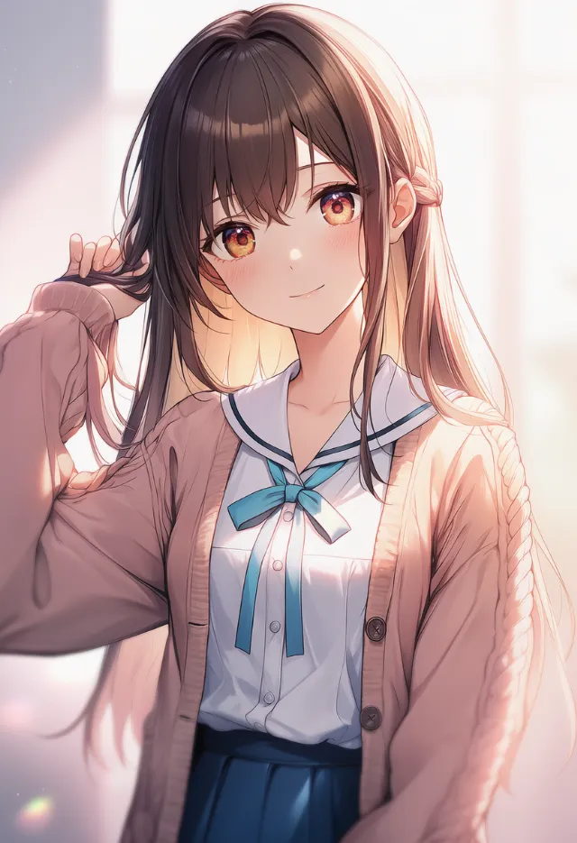 カーディガンの前がはだけるプロンプトの紹介とAIイラスト作例