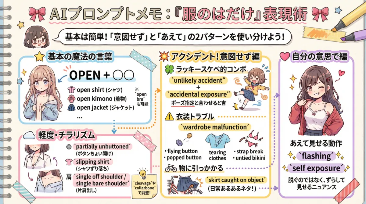 服のはだけ（着物・シャツがはだける等）のプロンプト記事のまとめ図解イラスト