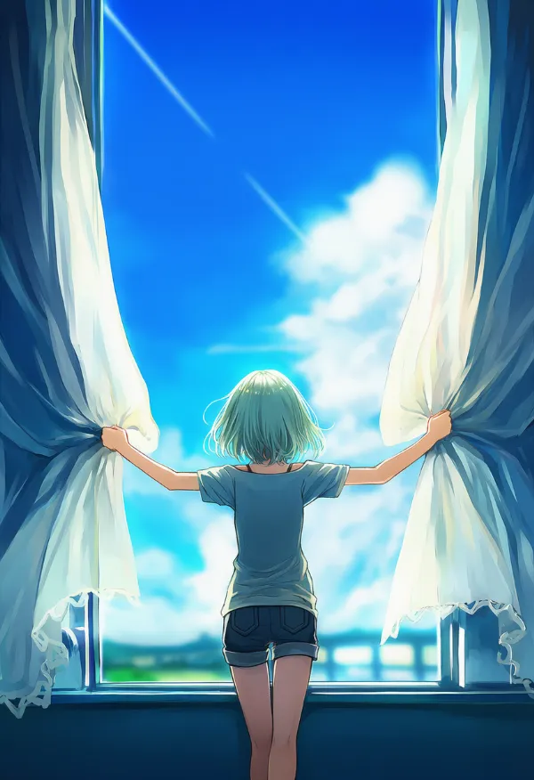カーテンを開けるポーズのAIイラスト|プロンプト紹介