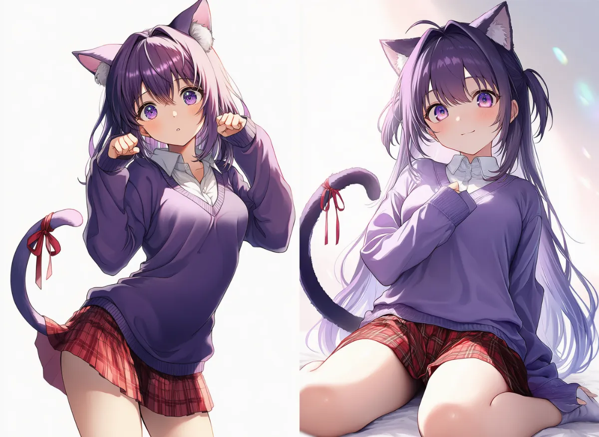 紫ニットと赤チェックスカート猫耳・萌え袖コーデ｜大きめサイズの服のAIイラスト作例