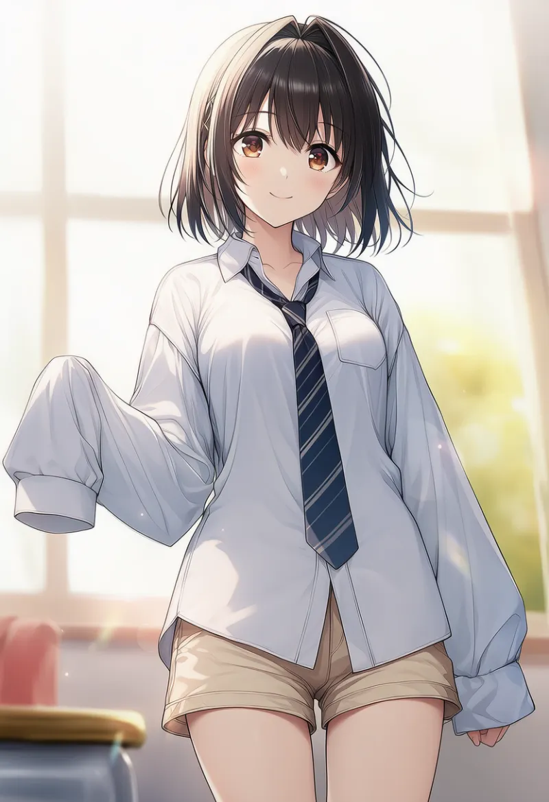 大きめの服に緩いネクタイ、ダボダボのショートパンツを履いたAIイラストの作例